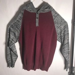 Maroon and gray sweater knit hoodie.